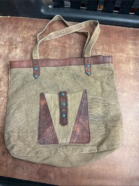Mona B Olive Canvas Shoulder Tote with Brown Leather Trim and Turquoise Studs